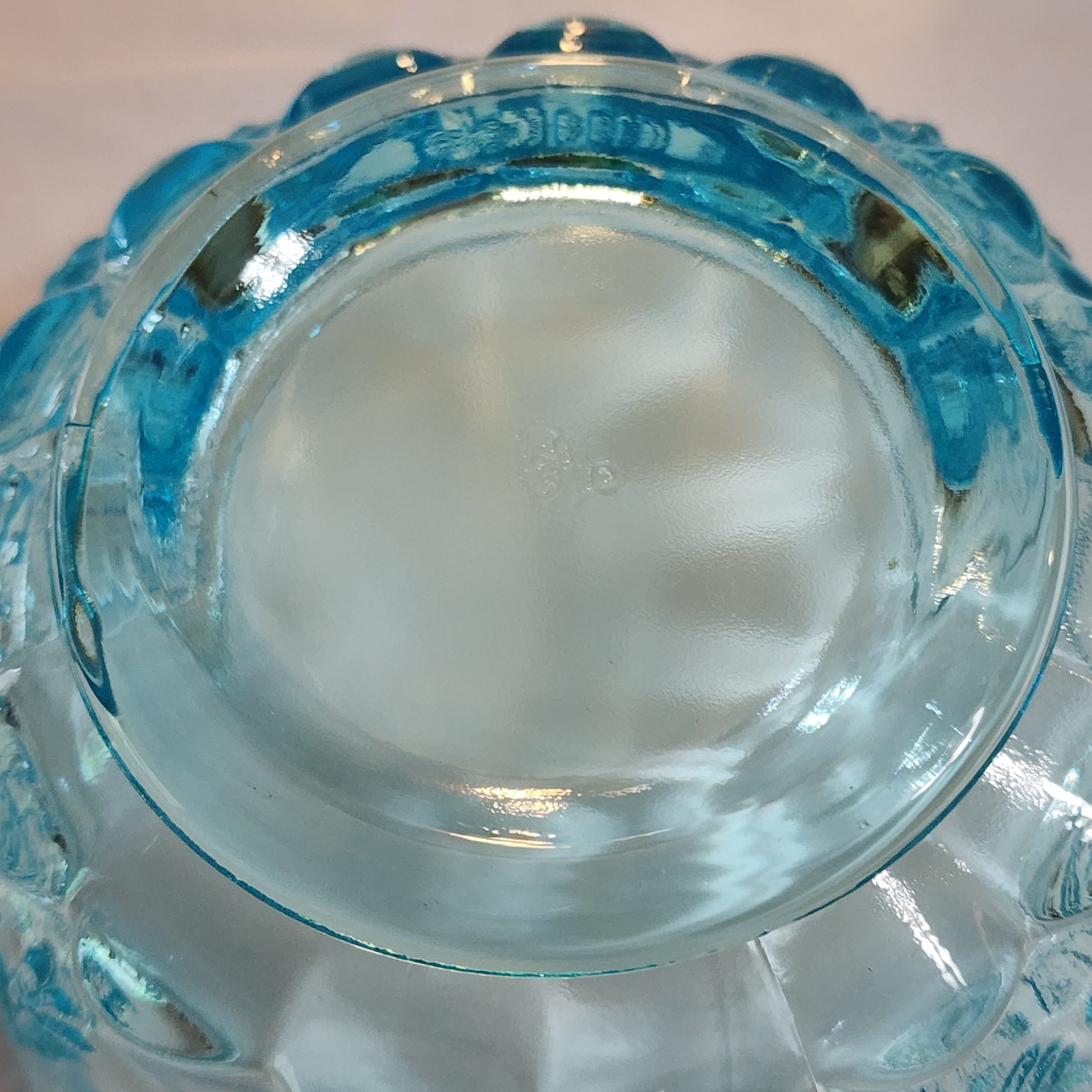 Fenton Blue Aqua Glass Paneled Puff Box Candy Dish Jelly Compote Grape Vines