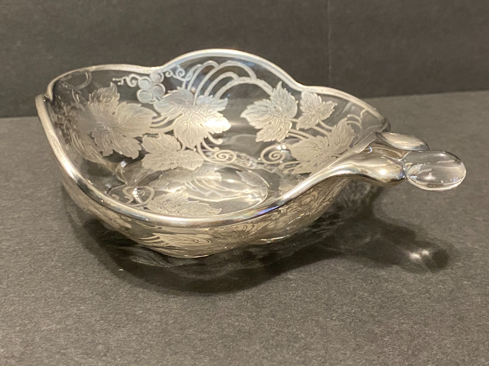 Vintage Silver Overlay Glass Candy Nut Dish Grape Vines Leaves Grapes