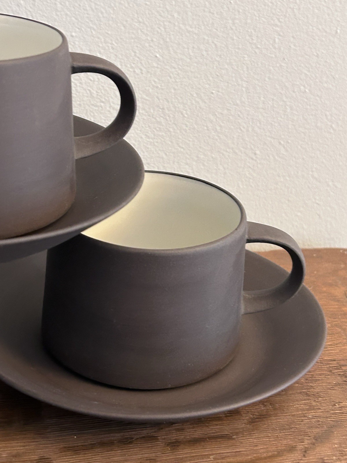 Dansk Flamestone Matte Brown & White Cup And Saucer 3 Sets Denmark Quistgaard
