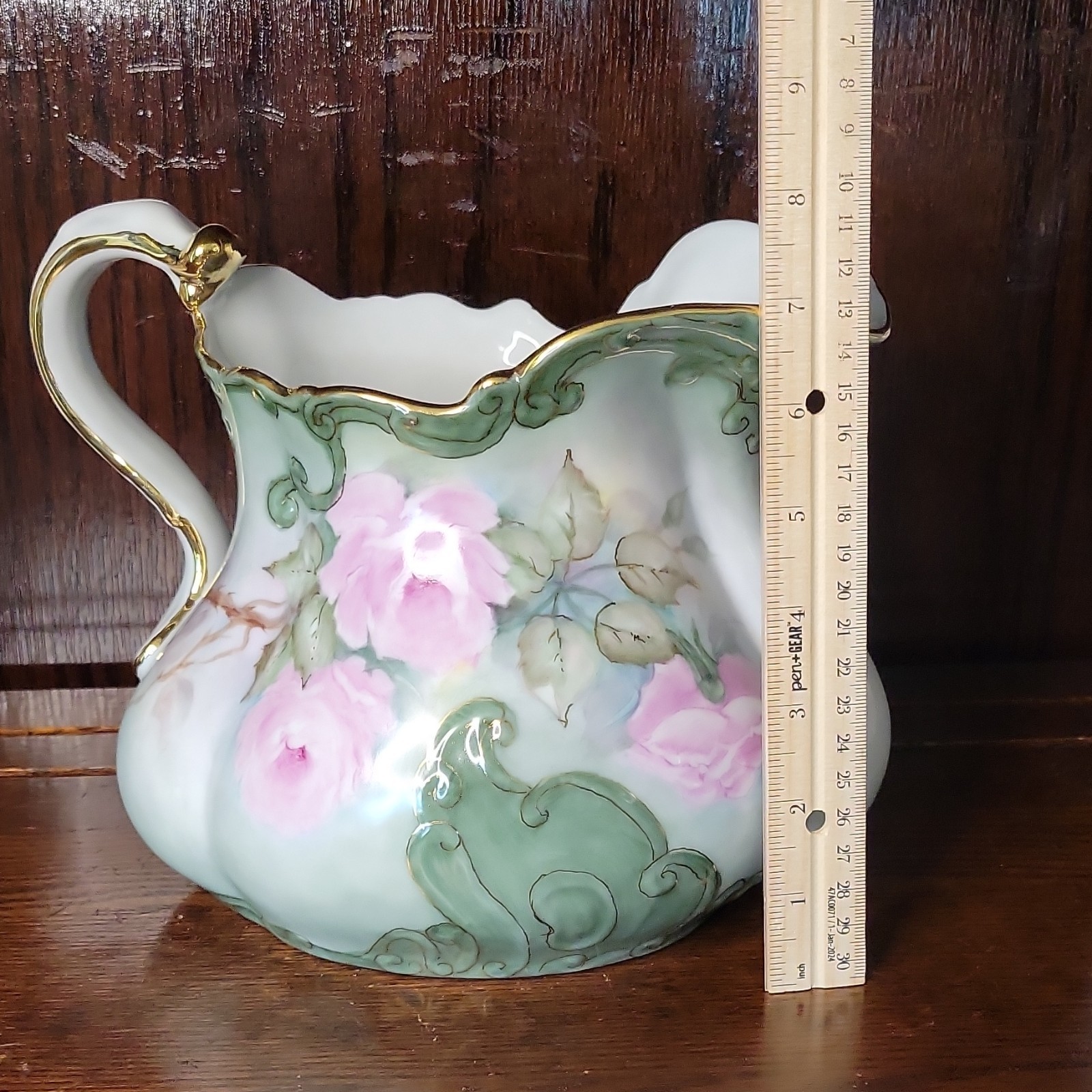 Lefton Heritage Roses Porcelain Pitcher White Pink Green Gold Trim