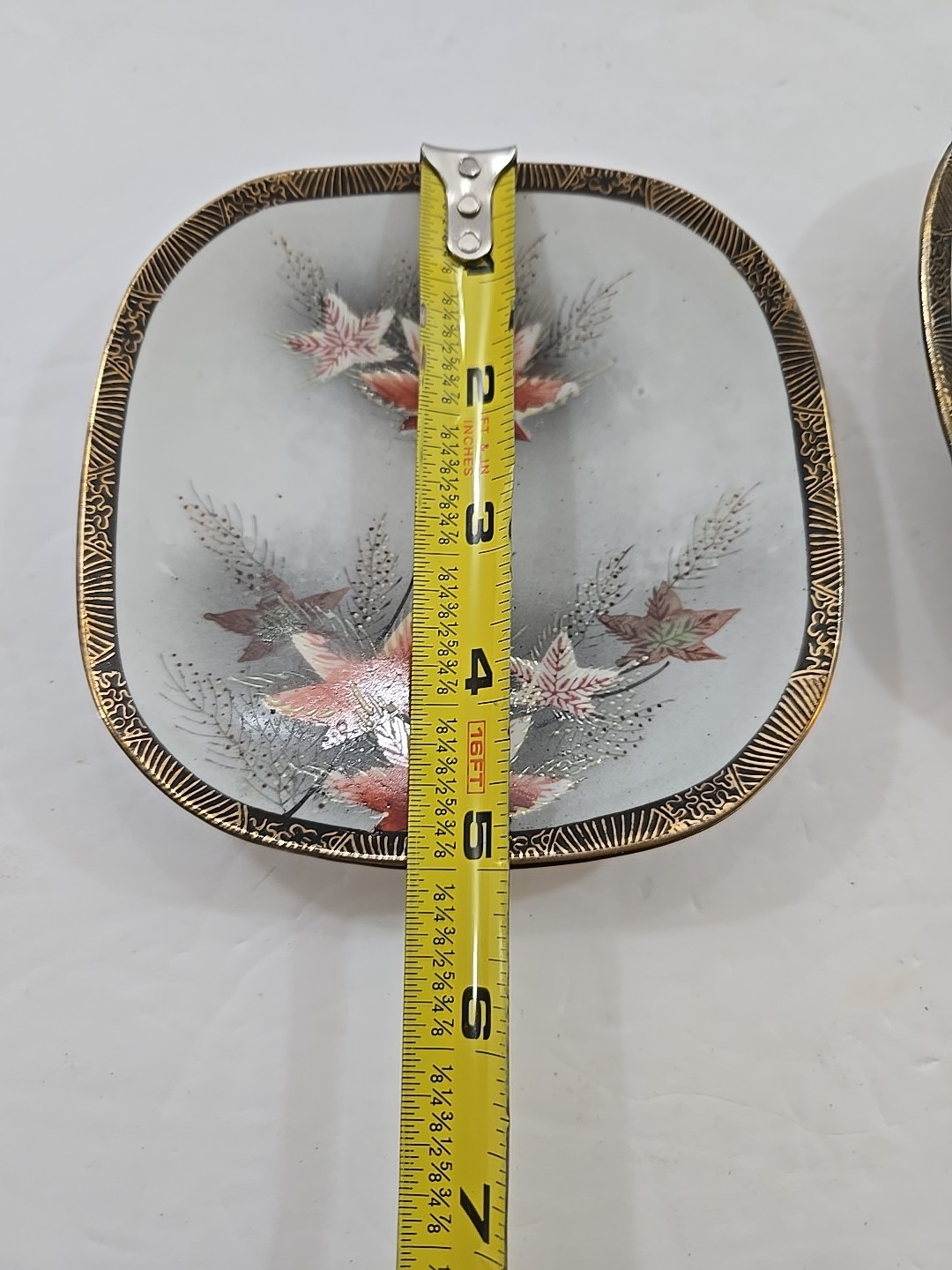 2 Vintage 5″ Square Plates w/ Wall Hangers Hand Painted Orange Leaves Gold Trim
