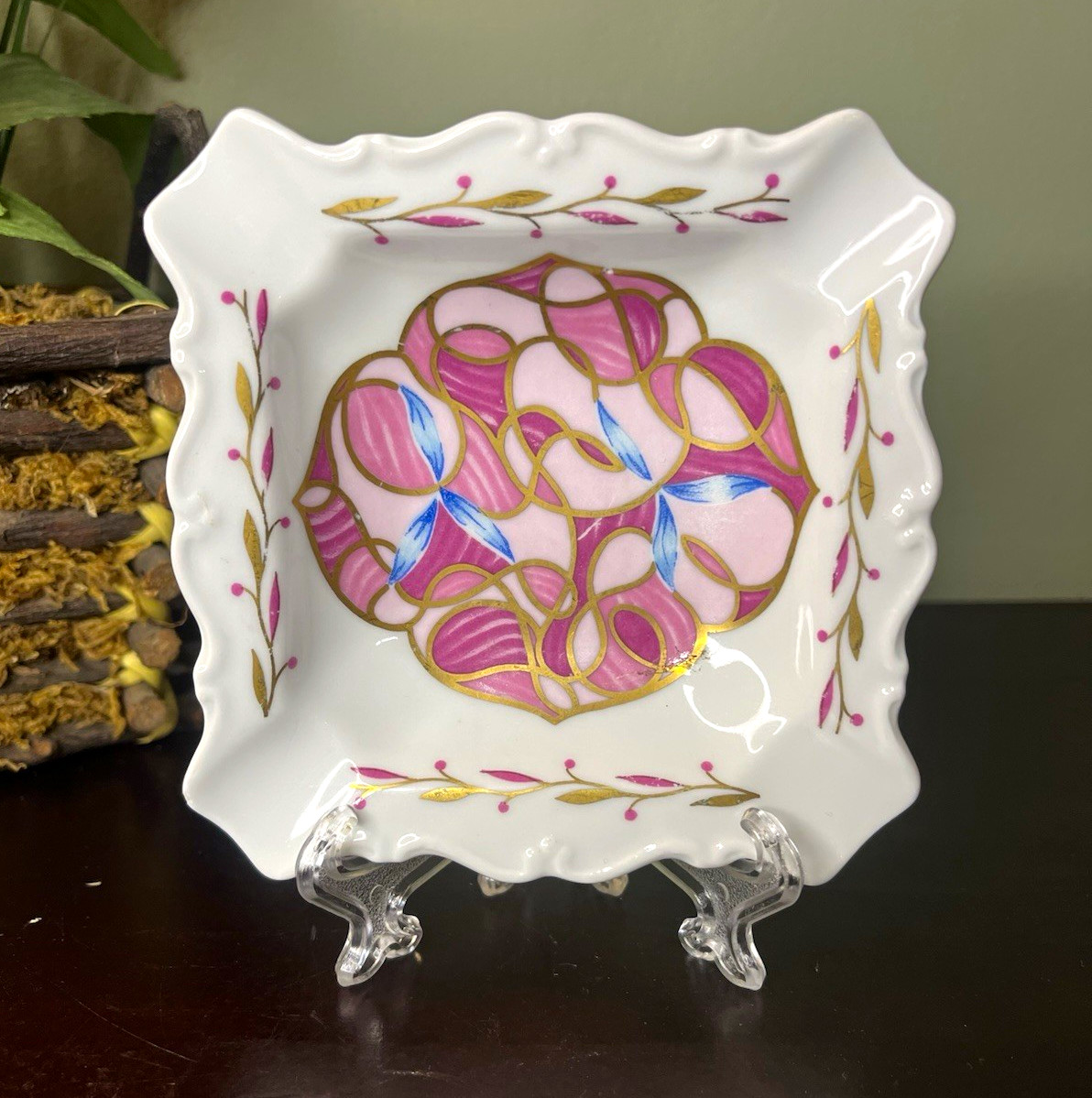 Vintage Depose Limoges France Porcelain Square Candy Dish Pink Gold Art Nouveau