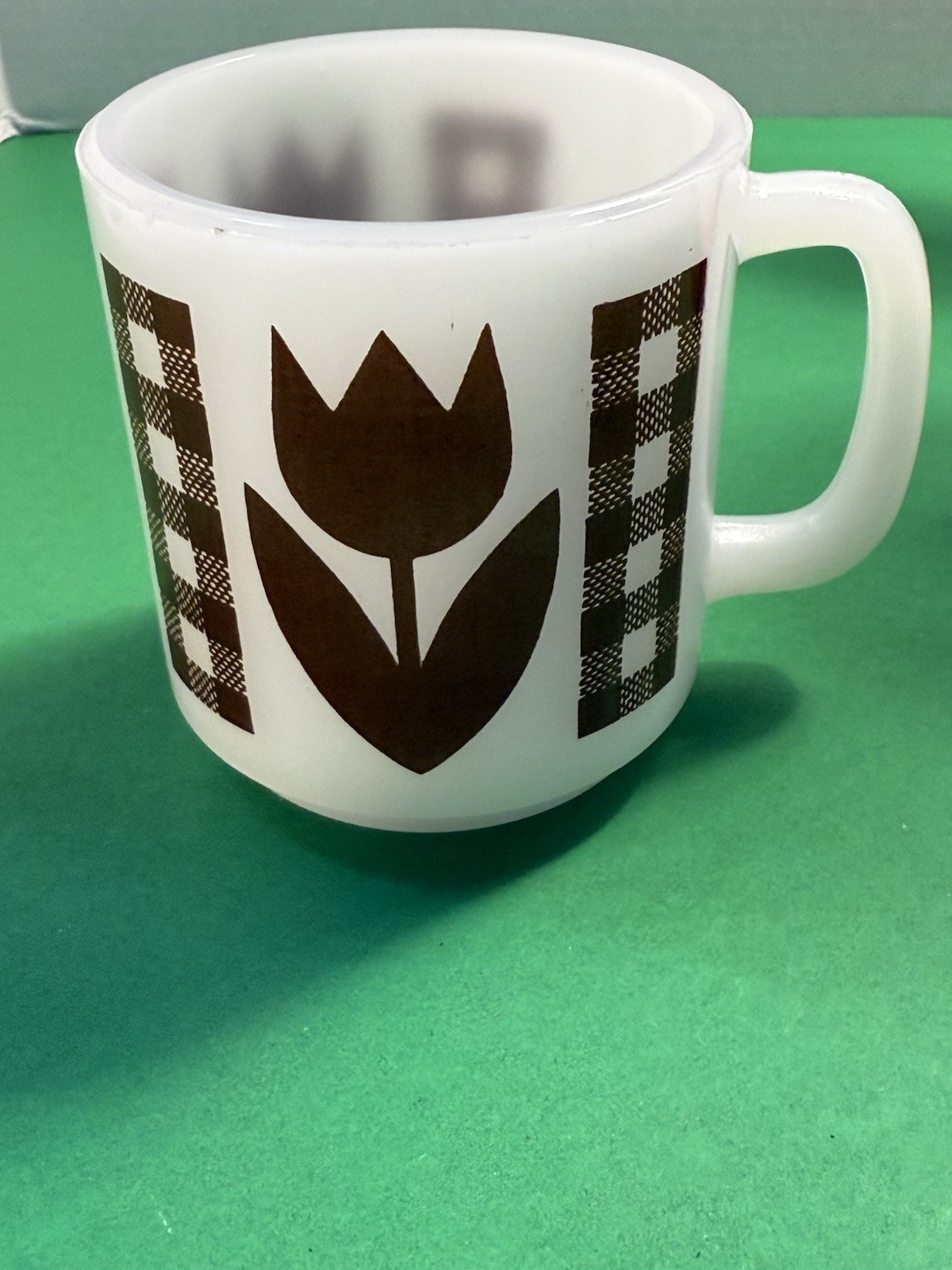 Vintage Glasbake Brown Tulip & Gingham Coffee Cup Mug 2 available 9-10 oz