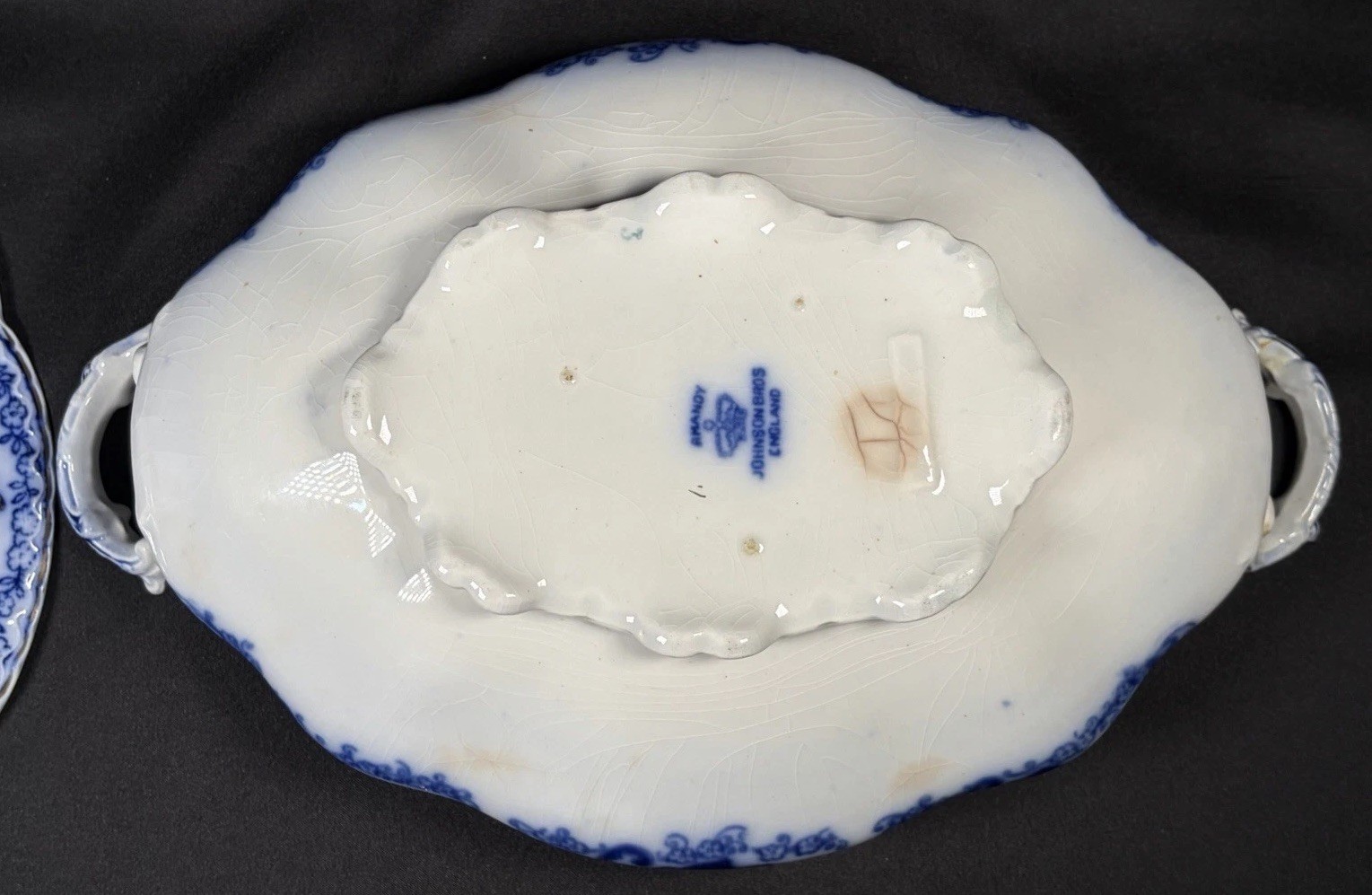 Antique Johnson Bros Normandy Flow Blue Oval Covered Vegetable Bowl Dish 11.5”