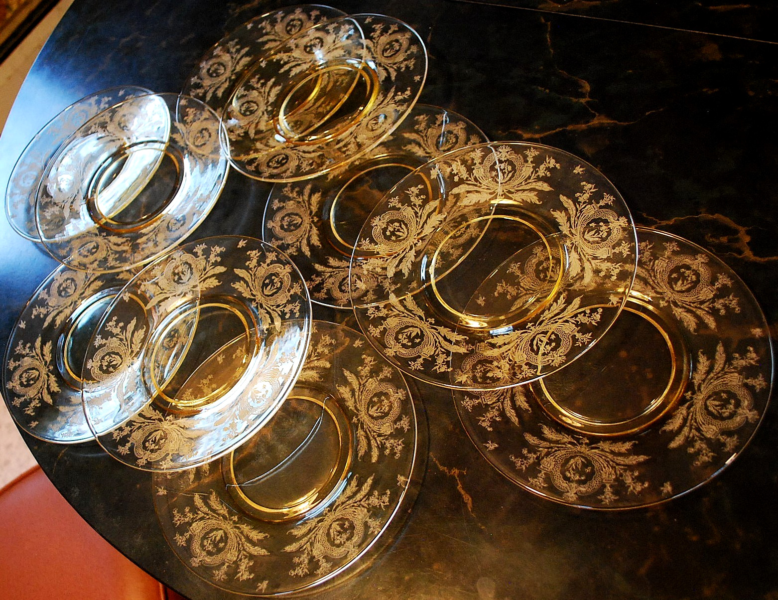 Vtg Set 10 LA FLEURE YELLOW 7.25″ Glass Lunch Plates Deco 1920 TIFFIN FRANCISCAN