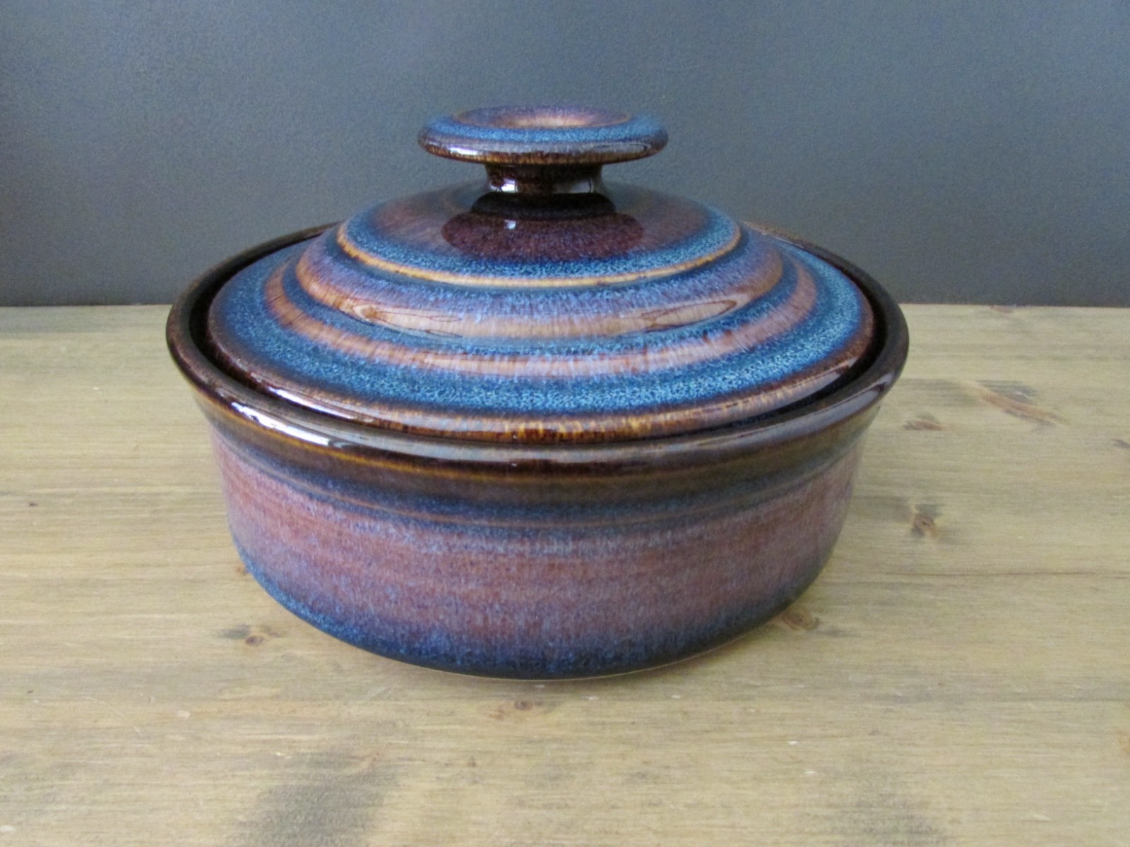 Handmade Studio Pottery Covered Serving Dish Blue Glaze 8″ Dia. Stoneware
