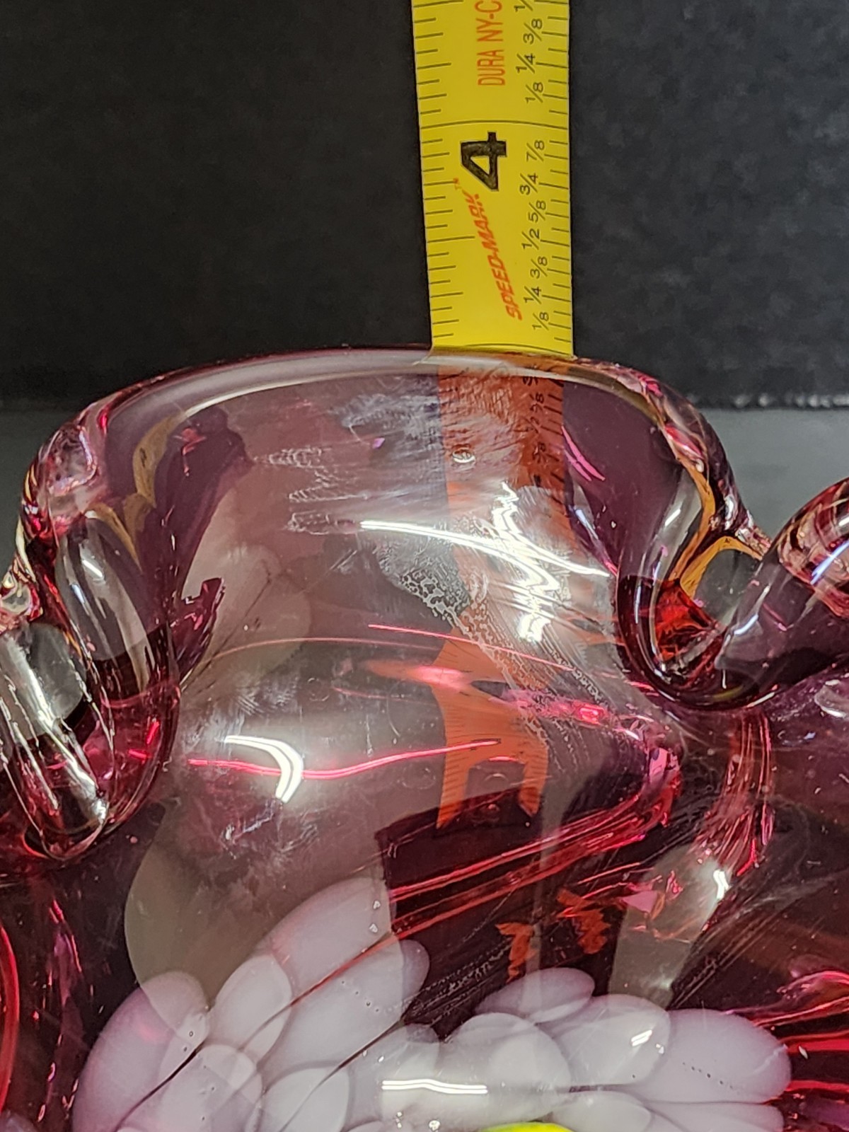 Bohemian Glass Bowl Pinched Side Purple Orange Swirled Bottom