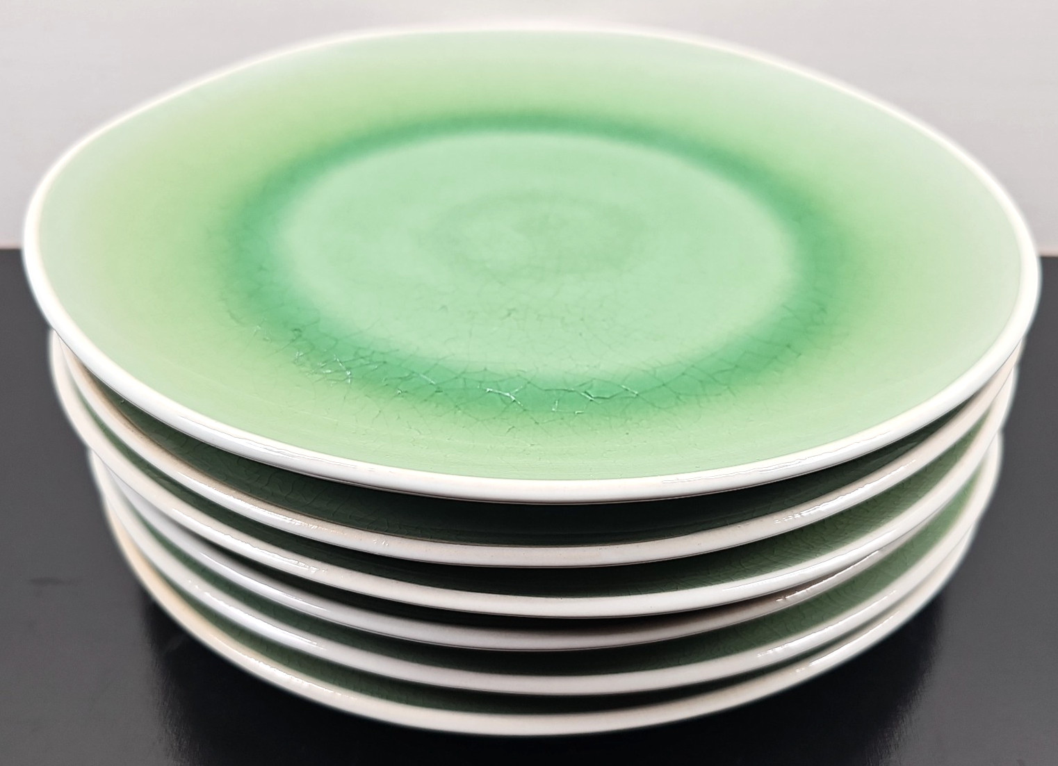 6 Roscher Crackle Glass Green Dinner Plates Set Elegant Stoneware Table Dish Lot
