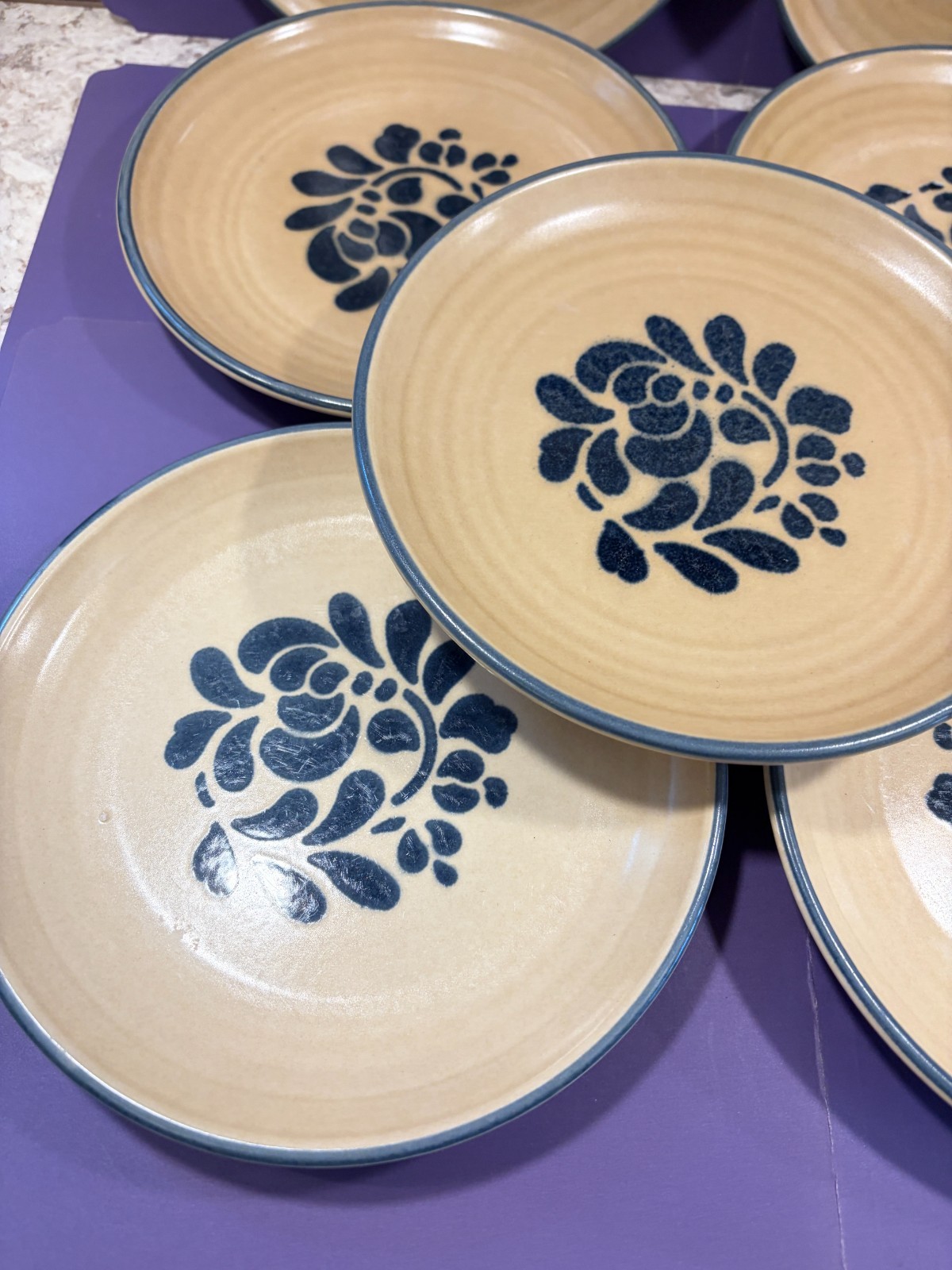 Pfaltzgraff FOLK ART Set of 7 Salad Plates Stoneware USA ~ Incised Castle Mark