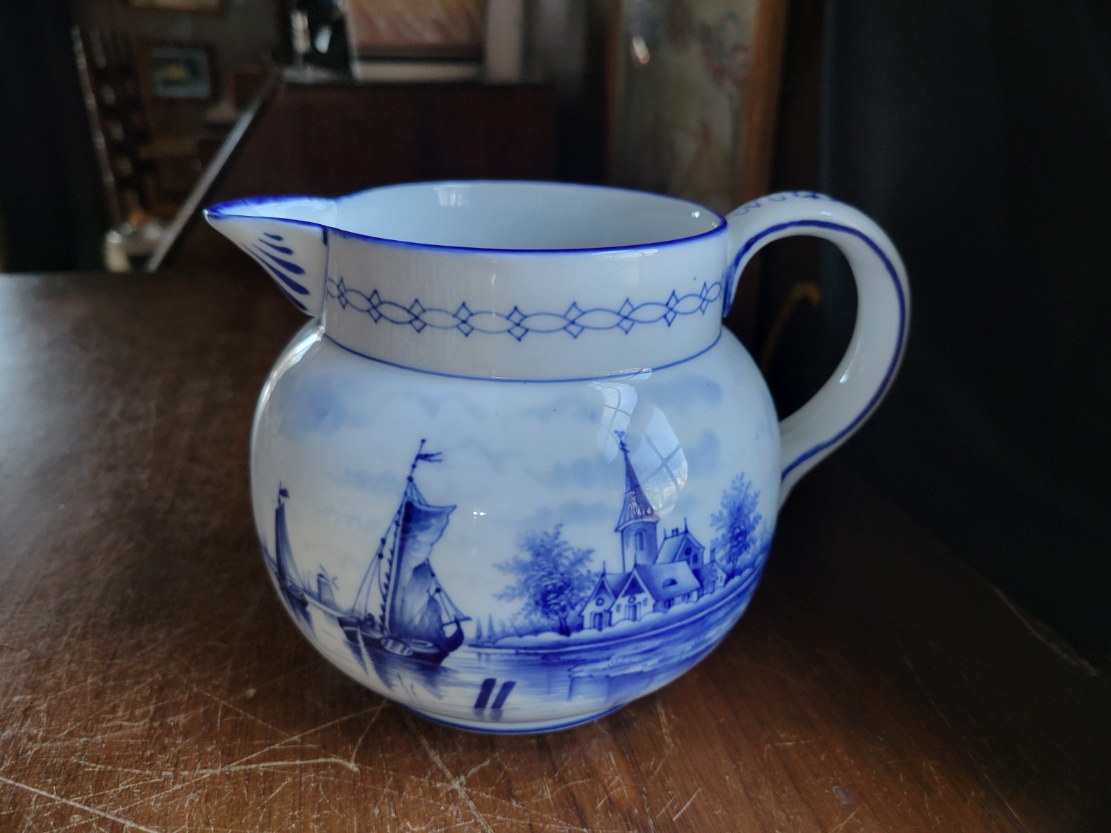 Vintage German Large Delft Porcelain Cream Pitcher – Bulbous – Ships/Windmill