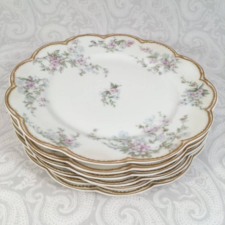 Vtg Set 6 Haviland Limoges Scalloped 8.25″ Floral Luncheon Plates Double Gold