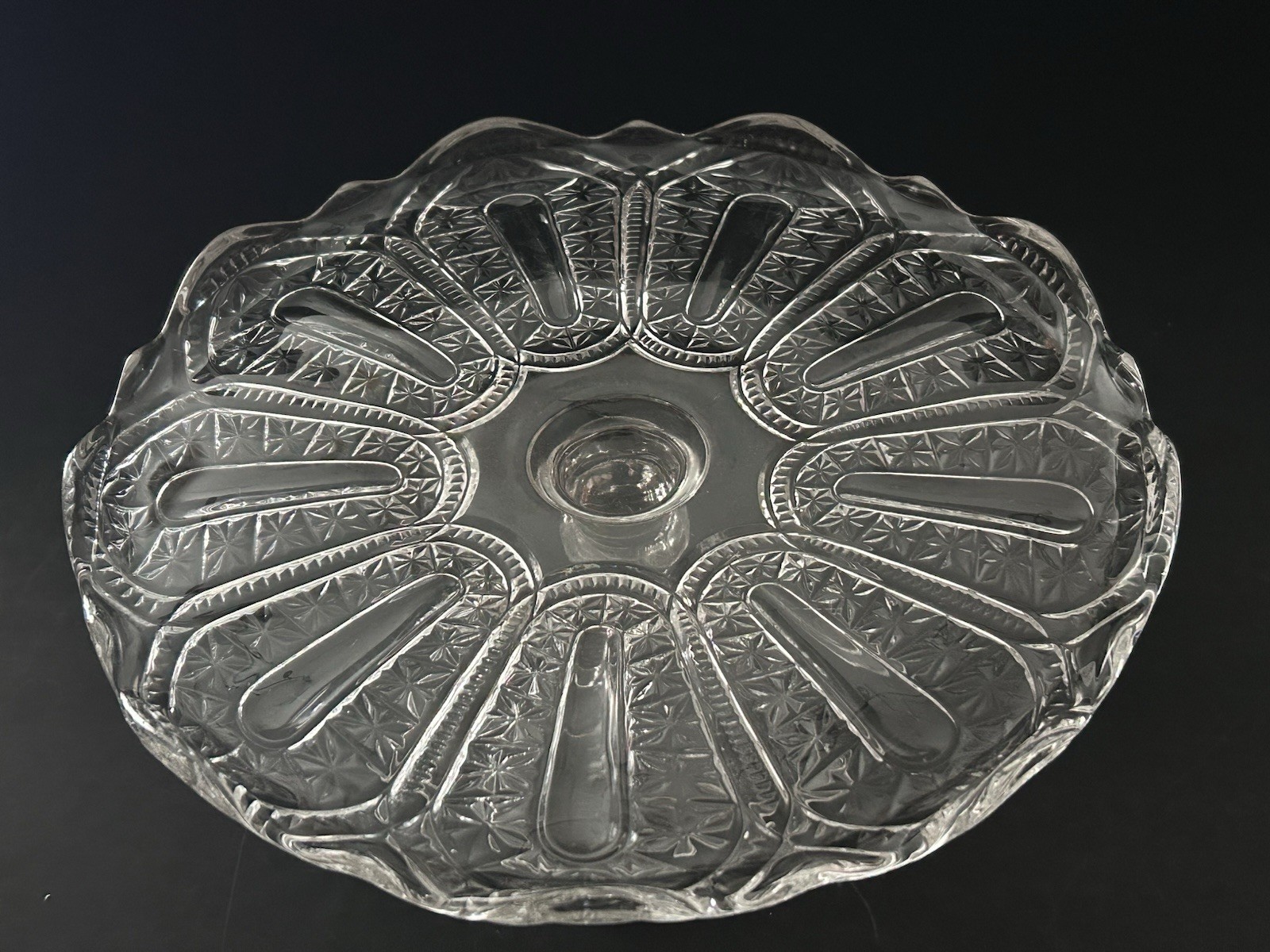 EAPG Bryce Walker & Co Jasper Late Buckle Pedestal Cake Stand Clear Glass 10”
