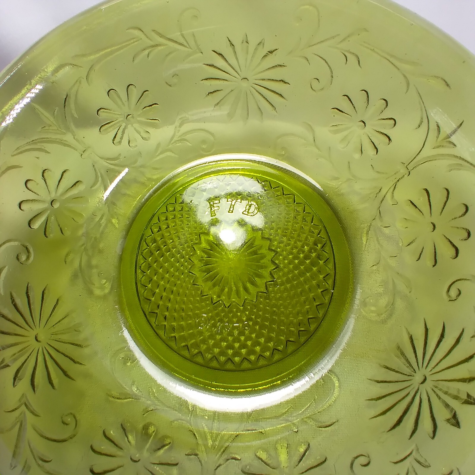 Vintage FTD 1979 Green Glass Serving Bowl Country Floral Pattern