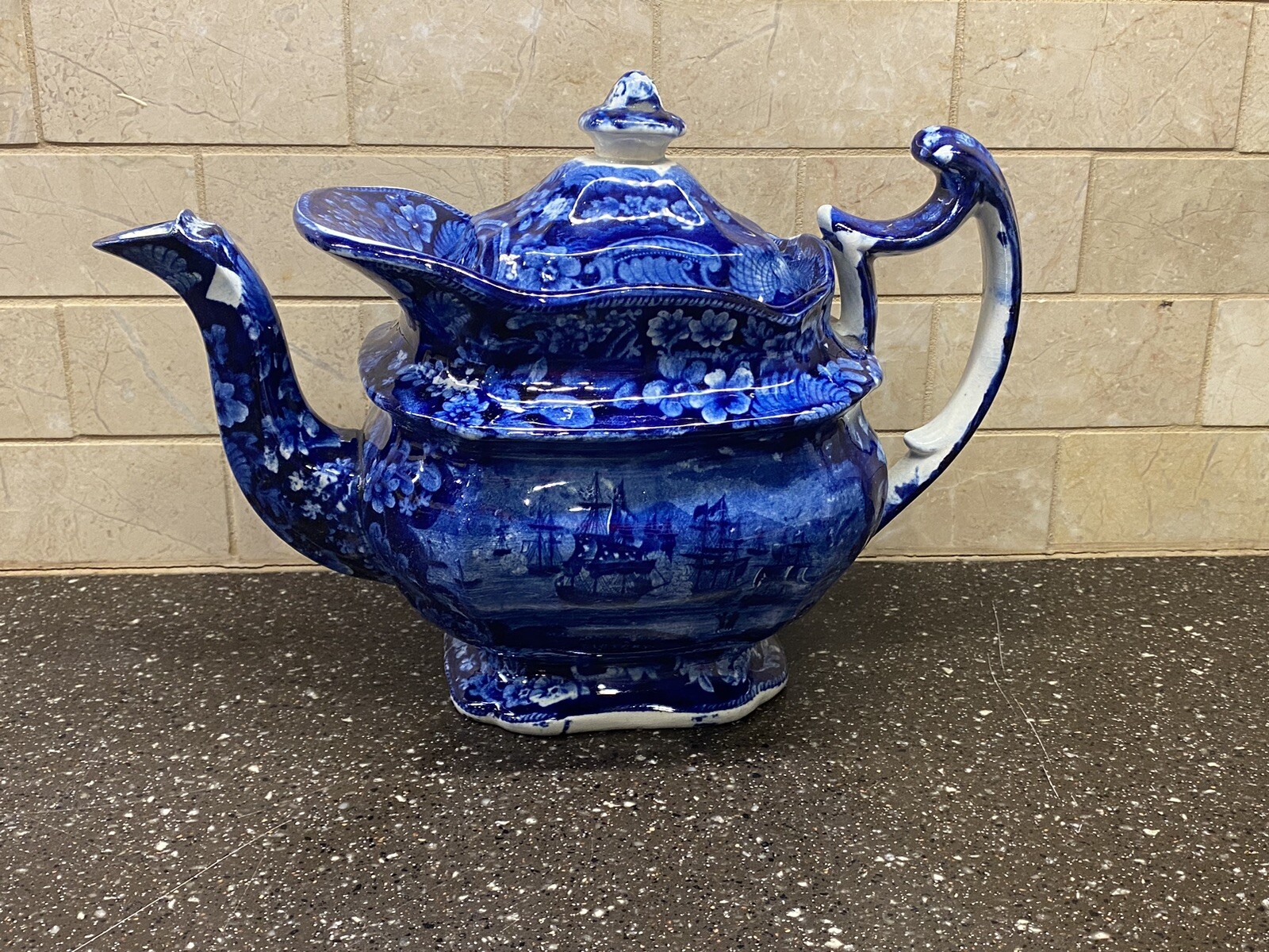 Historical Staffordshire Blue Teapot Macdonough’s Victory Ca. 1825