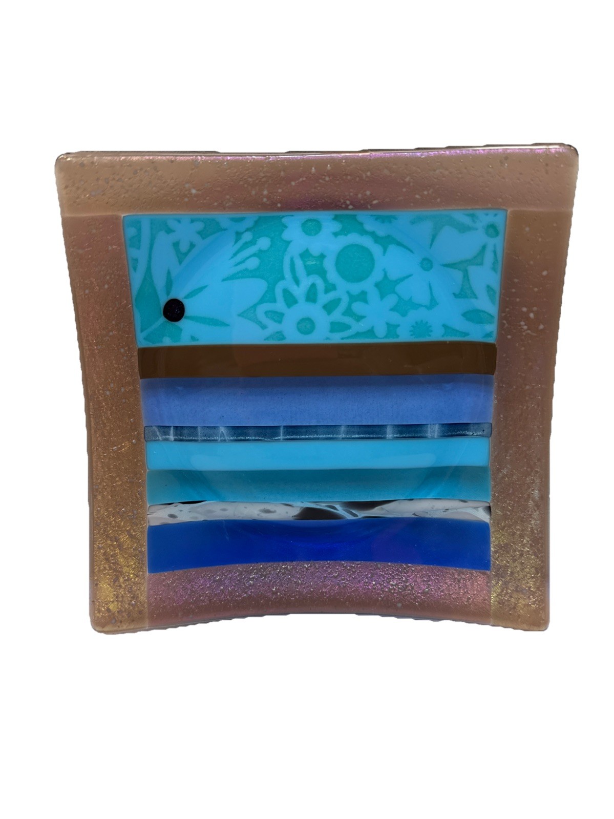 Fused Dichroic Studio Art Glass Square Trinket Dish Contemporary Signed 6.5”