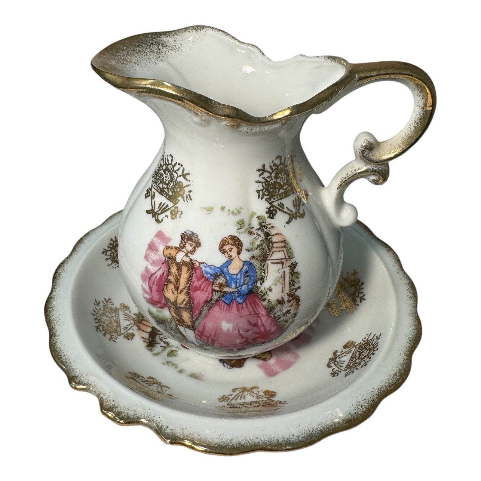 Vintage Japan Creamer and Saucer Courting Couple Victorian Scene Gold Gilt