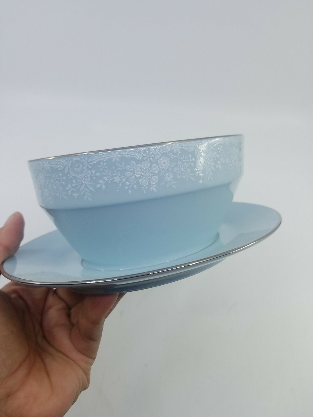 Noritake Fidelity 8003 Gravy Sauce Boat Bowl Blue Platinum Trim – Made in Japan