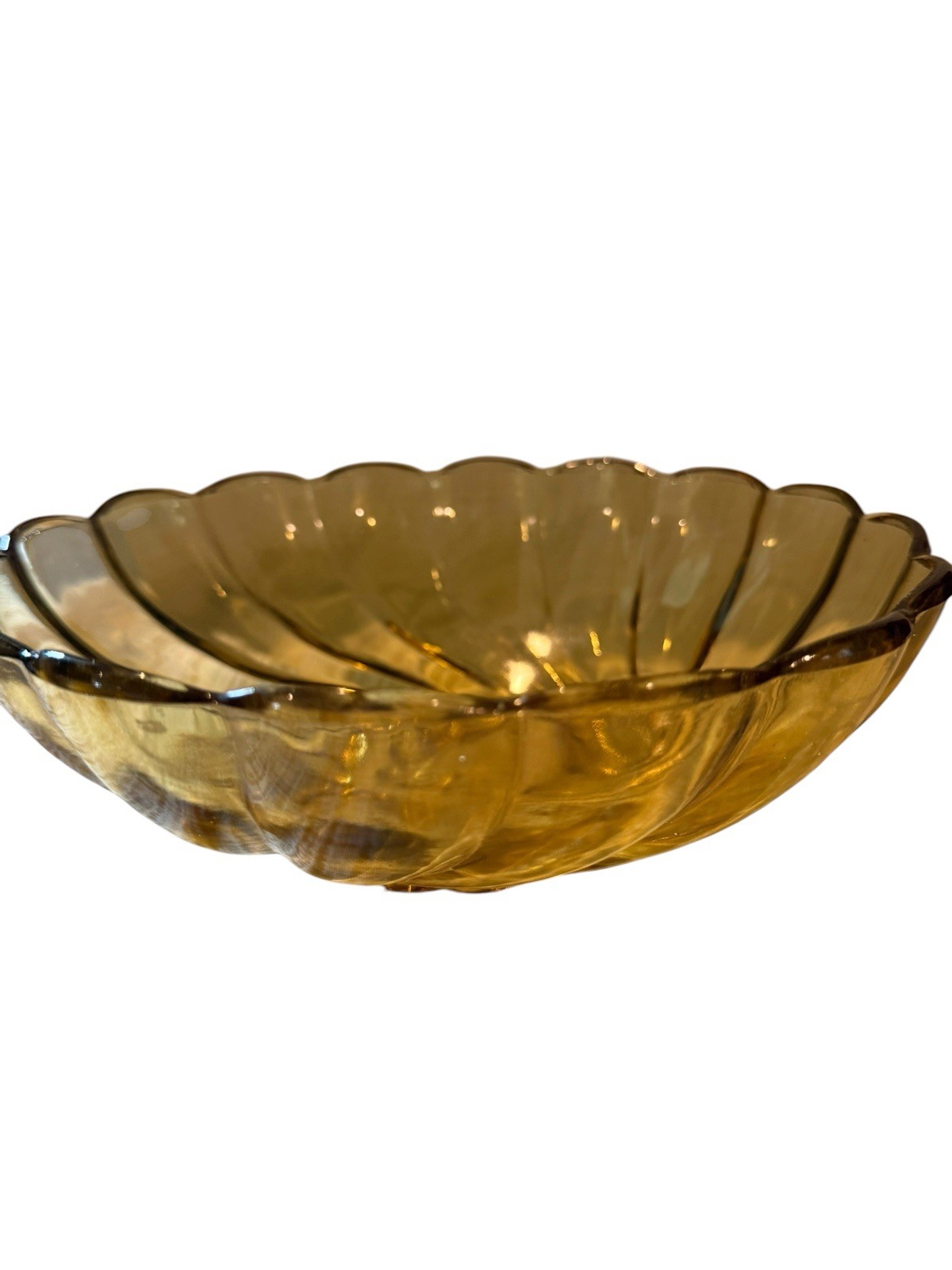Vintage Hazel Atlas Fruit Bowl Depression Glass Amber Swirl Serving 9″X3.25″