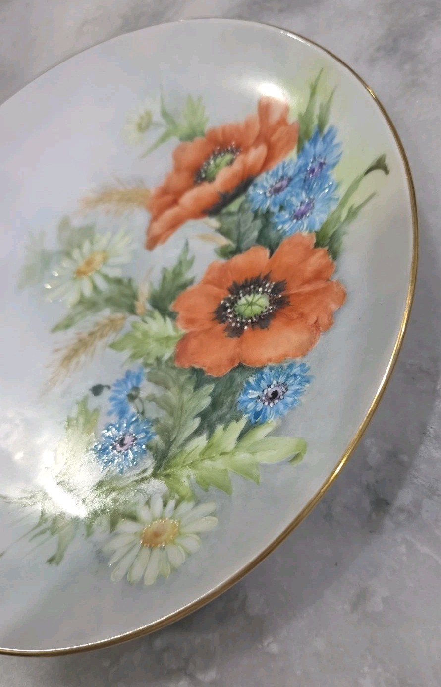 Vintage 9 IN. PLATE HAND PAINTED NO CRACKS/NO CHIPS. Orange Blue Flowers Daisies