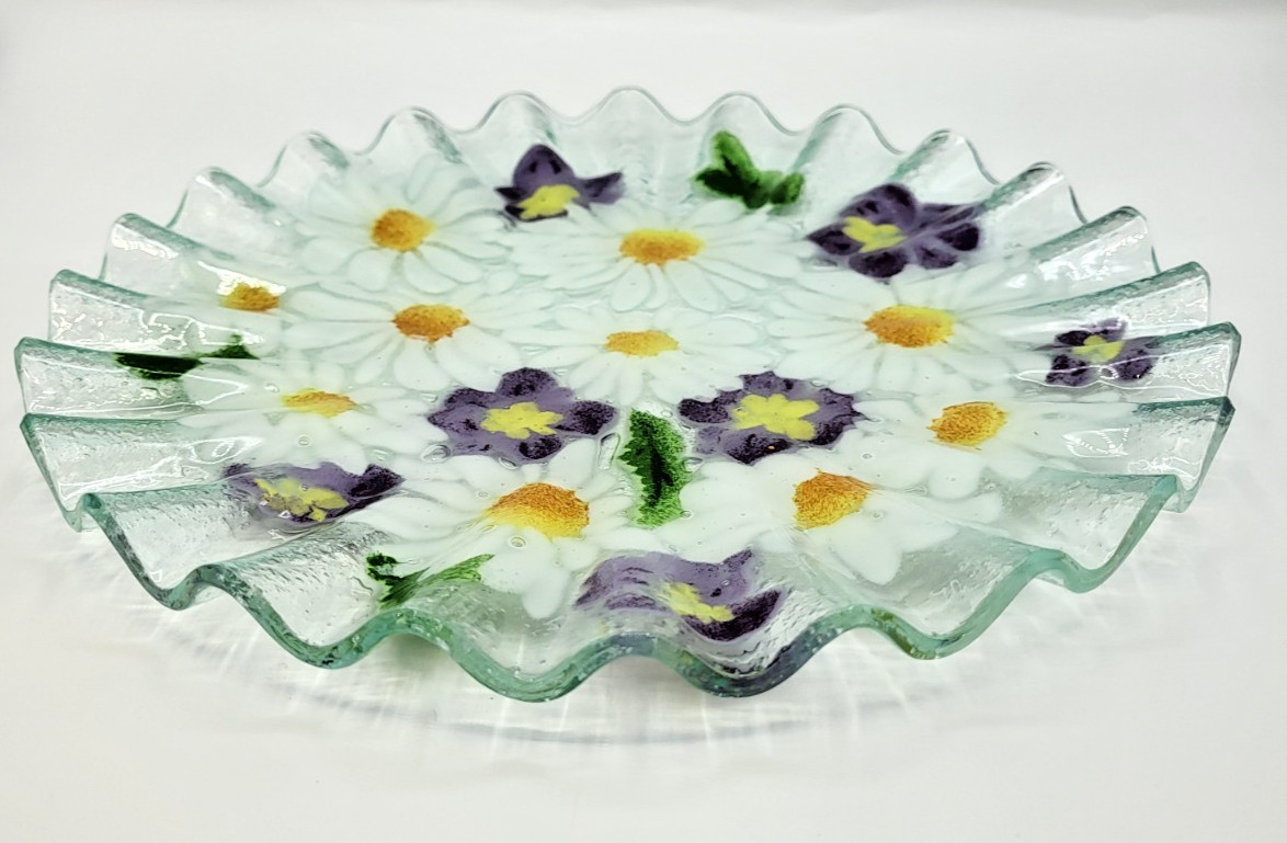 Folio Signed Fused Art Glass Plate Daisy & Pansy 10.25″ Ruffled Edge Hand Made
