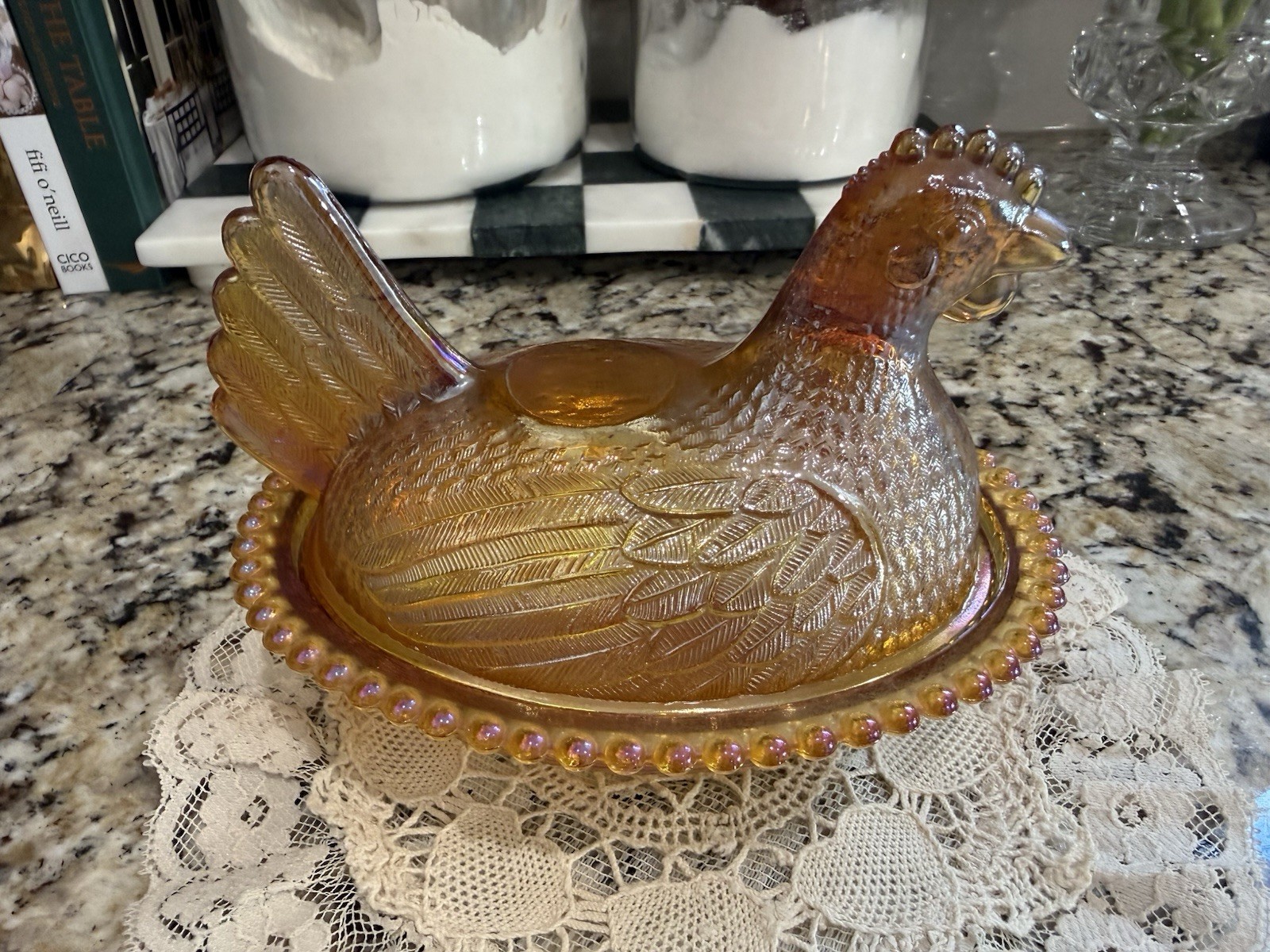 Indiana Glass Amber Carnival Hen On a Nest 7″ Candy Dish