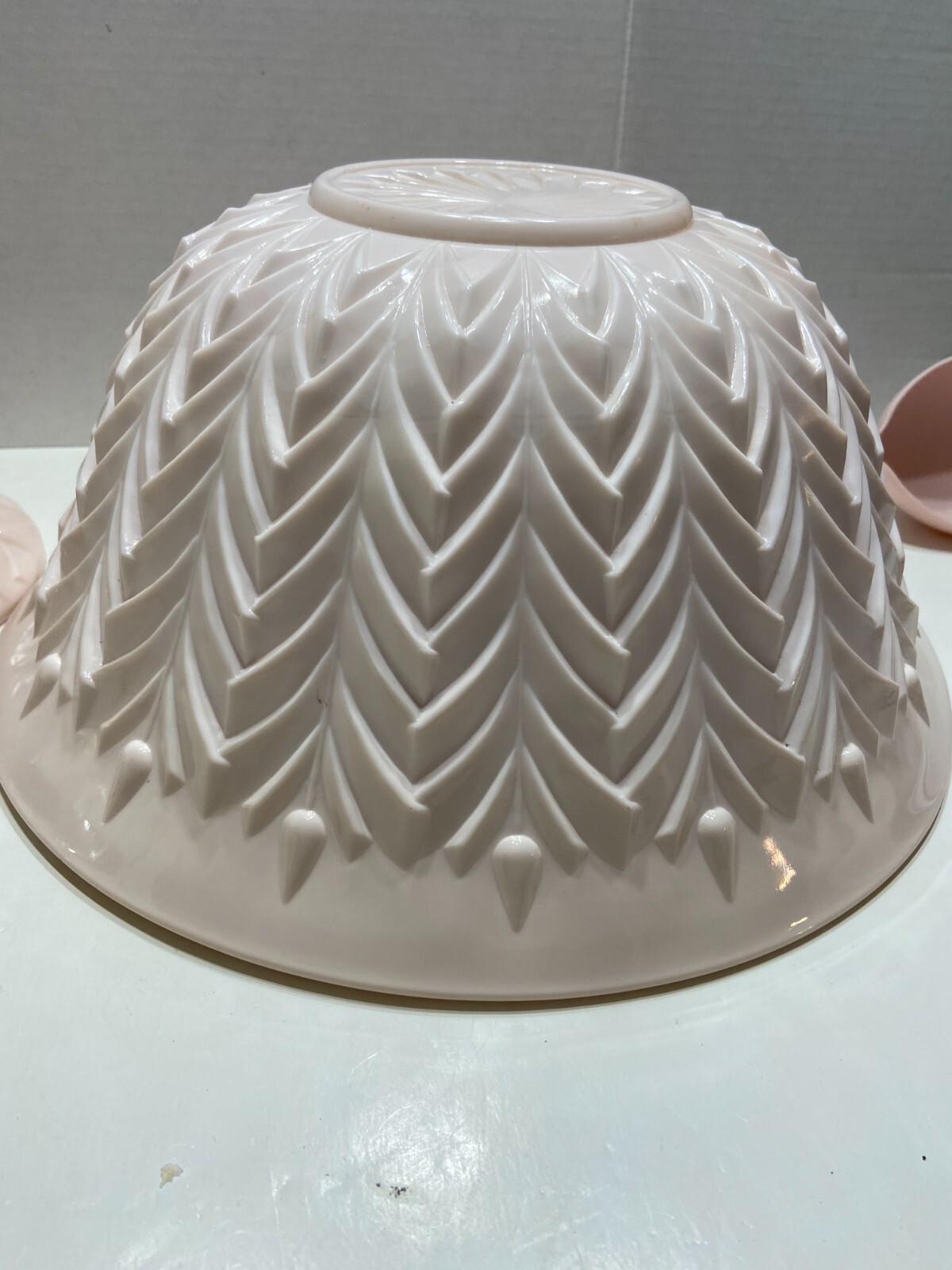 Jeannette Shell Pink Milk Glass Punch Bowl Set with Base and 12 cups Vtg 1950’s