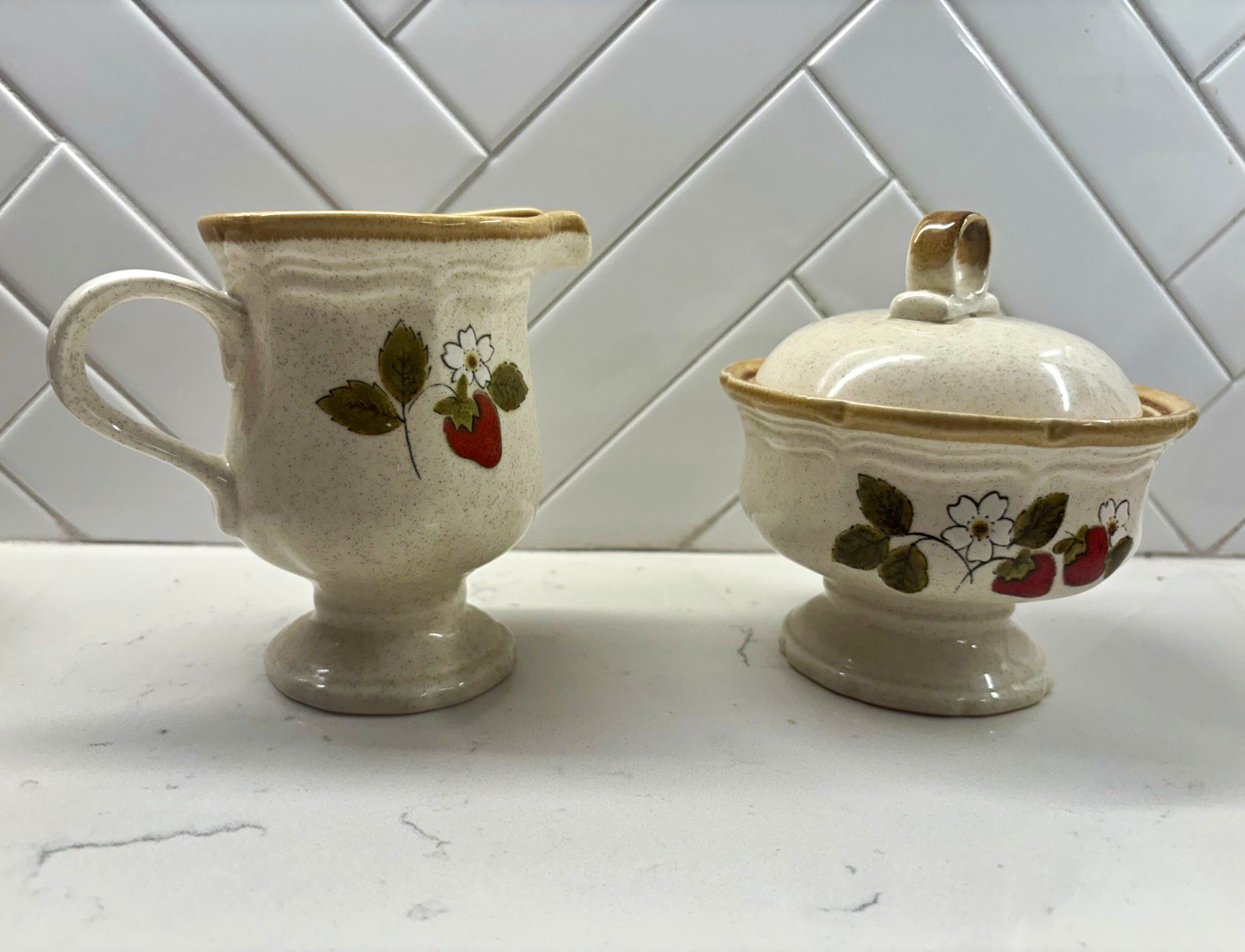 vintage “Strawberry Festival” (Pattern EB 801) creamer and lidded sugar bowl