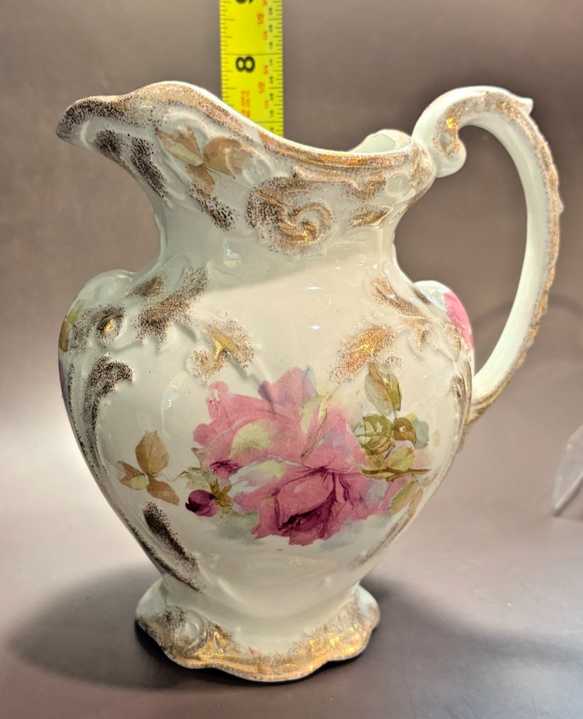 Antique J&G Meakin Hanley England Ironstone Washstand Pitcher Rose Floral Gilt