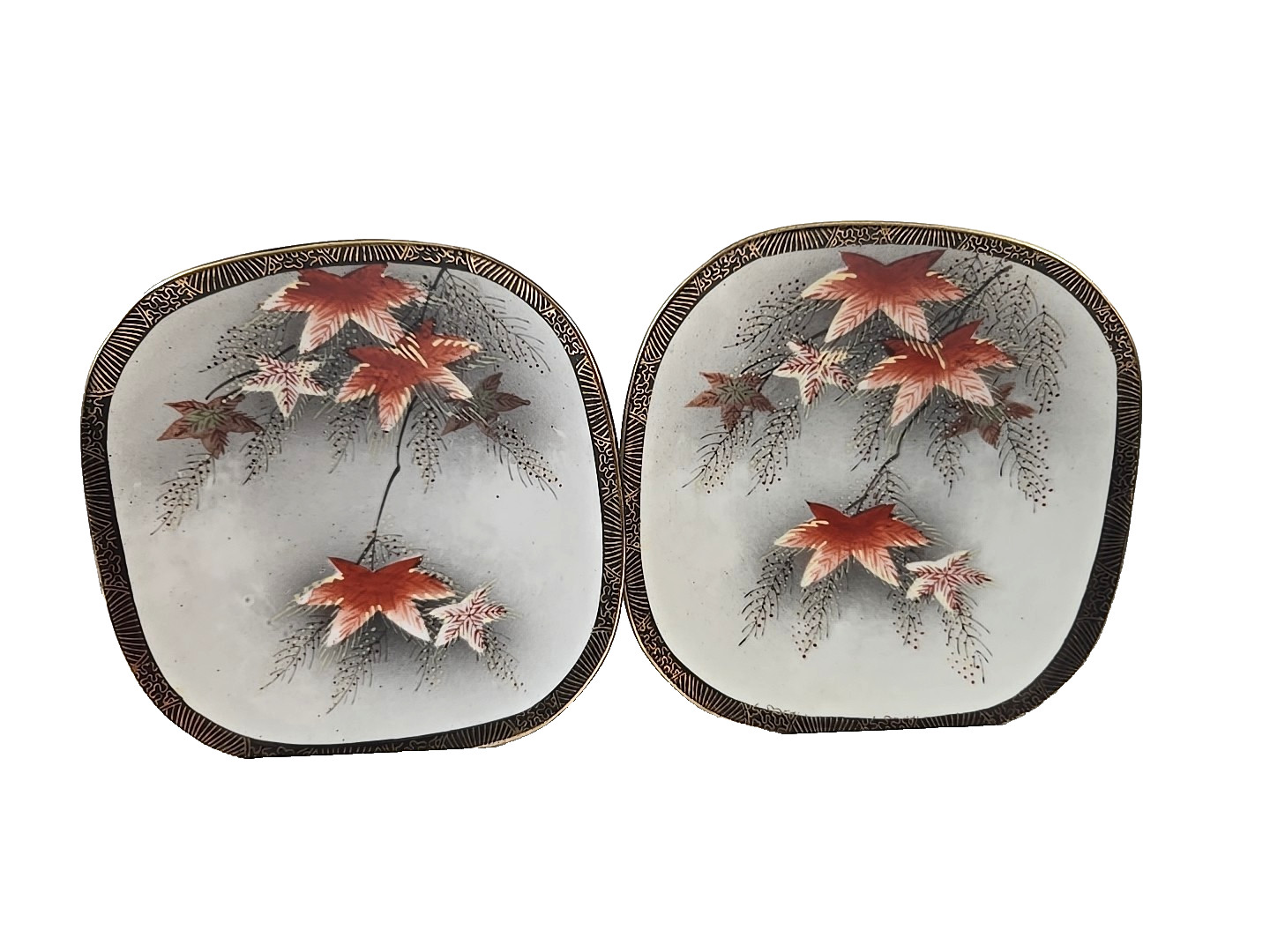 2 Vintage 5″ Square Plates w/ Wall Hangers Hand Painted Orange Leaves Gold Trim
