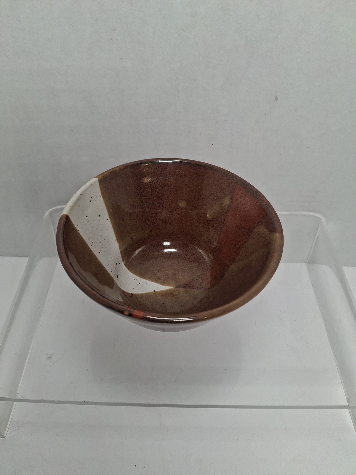 Vintage Signed Studio Art Pottery Bowl Mid Century Brown White Asymmetrical…