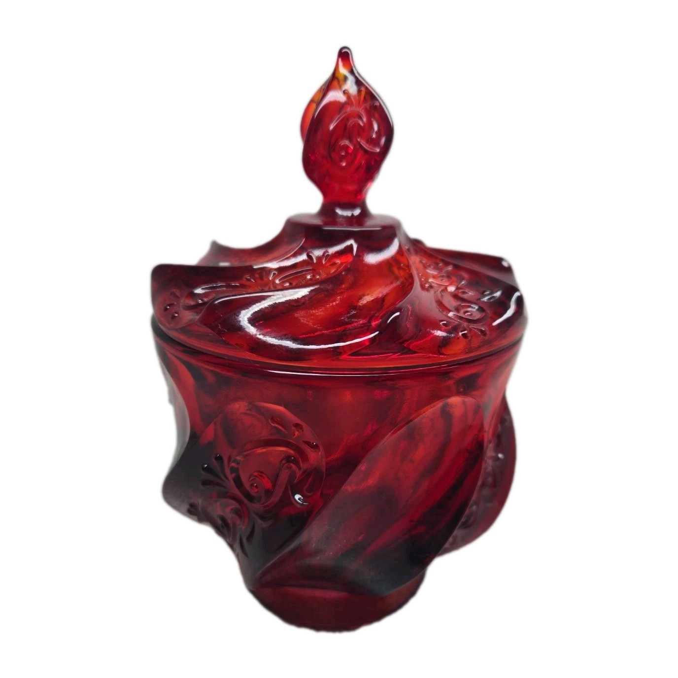 Vtg Fenton Ruby Red Amberina Glass Paisley Petal Covered Candy Dish w/Lid 7.5 in