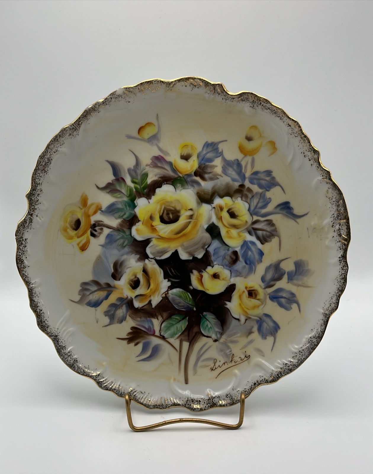 Lot of 2 VTG Brown & Yellow Roses painted & transfer Plates Curated Wall Décor
