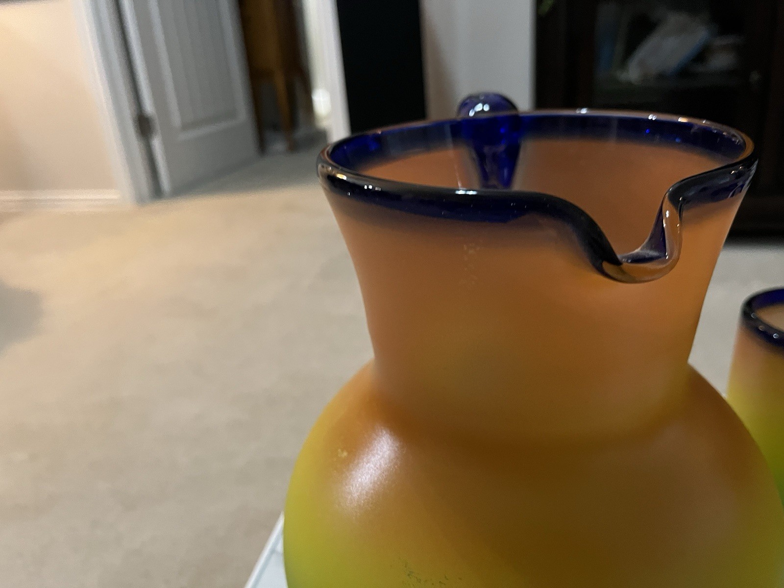 Hand Blown Orange Yellow Green Cobalt Blue trim 6 Tumblers & Pitcher