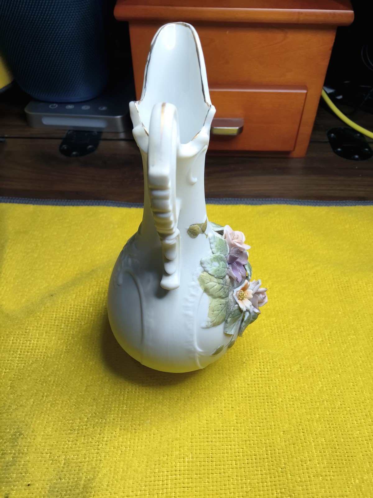 Lefton Porcelain Floral Pitcher White Pink Green Glossy Handle KW 4540