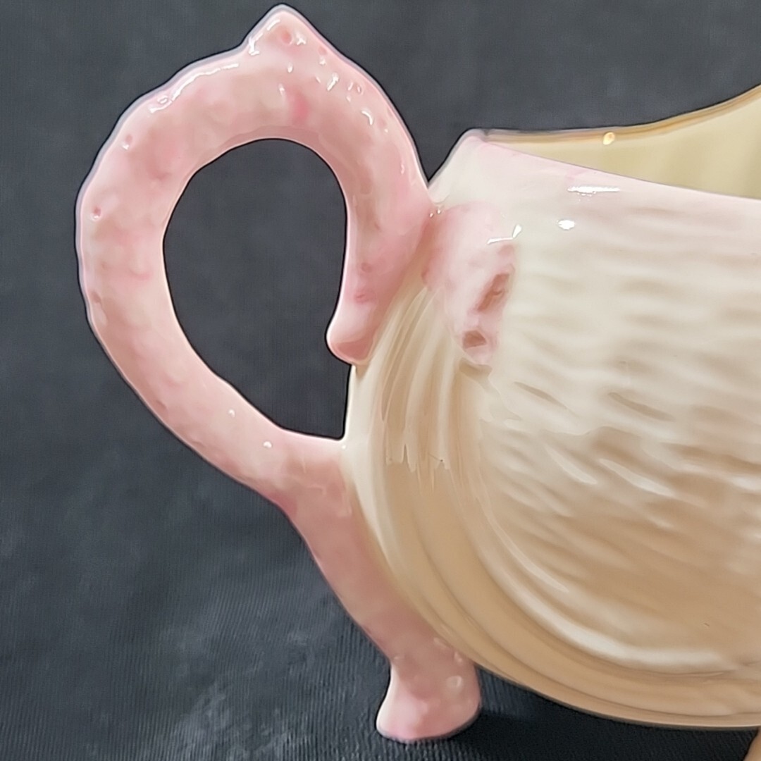 Belleek Ireland Neptune Pink Gold Trim Creamer Seashell Feet Pink Coral Handle