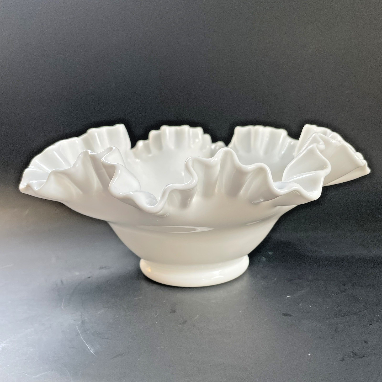 Vintage White Milk Glass Bowl Ruffled & Crimped Edge 9 1/2” x 4 1/2” tall