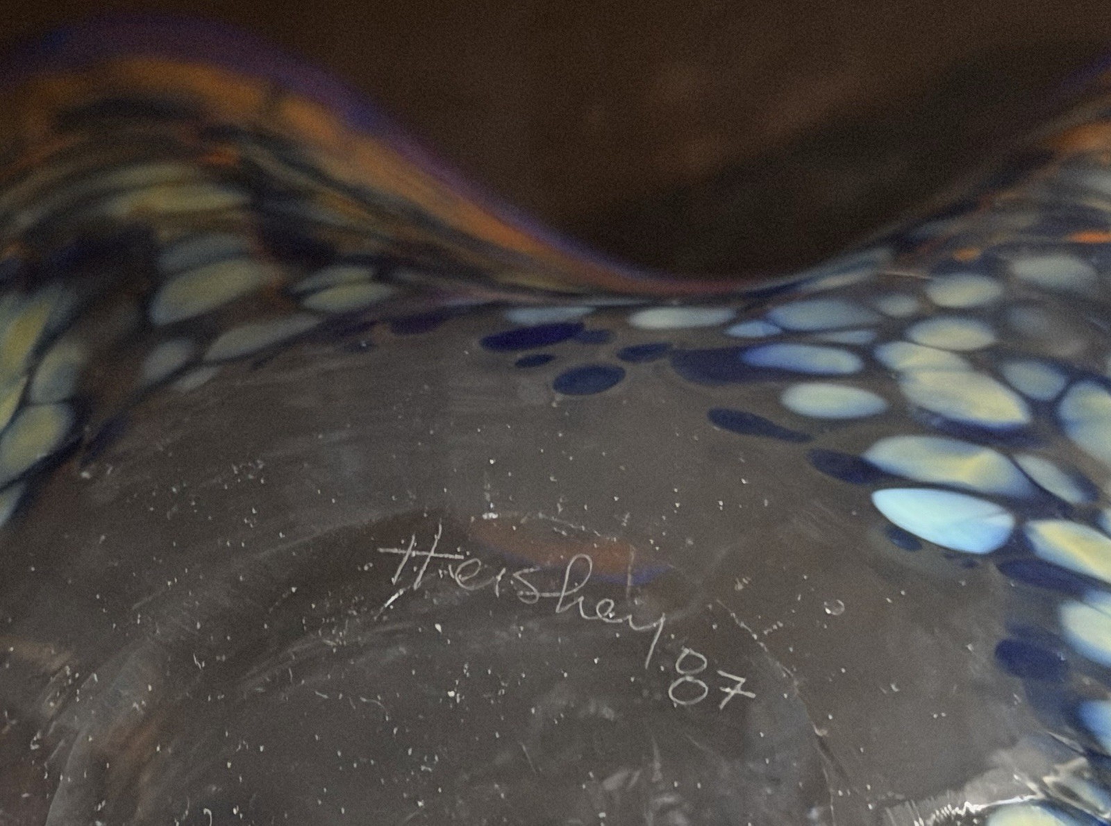 Vintage 1987 David Hershey Signed Blown Art Glass Ruffled Wave Bowl Confetti