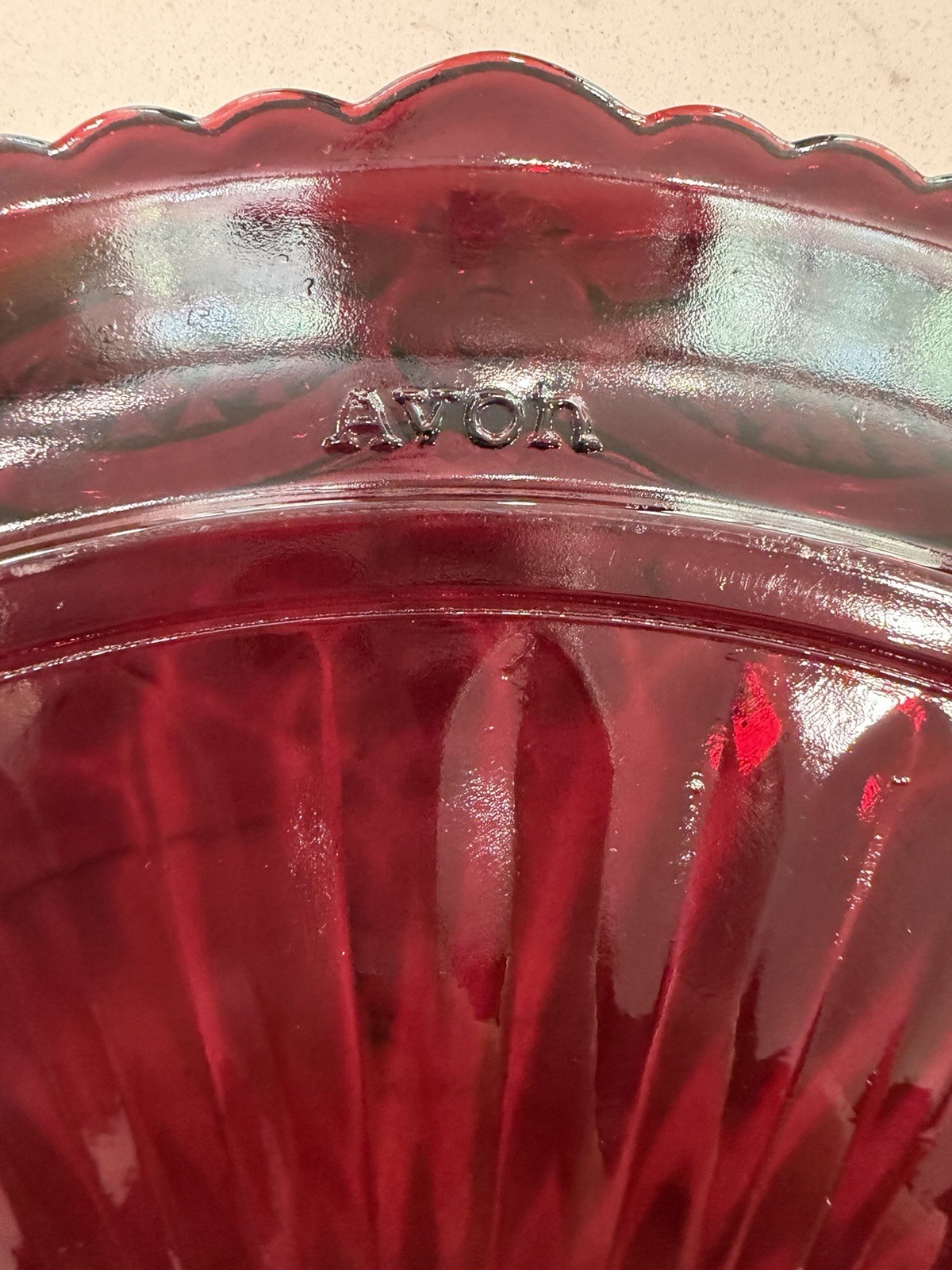 Vintage Avon Ruby Red Glass Serving Plate 10” Scalloped Border Decor