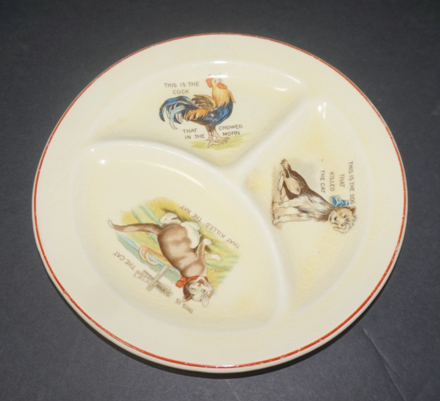 Vintage Roma Nursery Rhyme Divided Childs Plate Dog Cat Killed Rat Cock Crowed