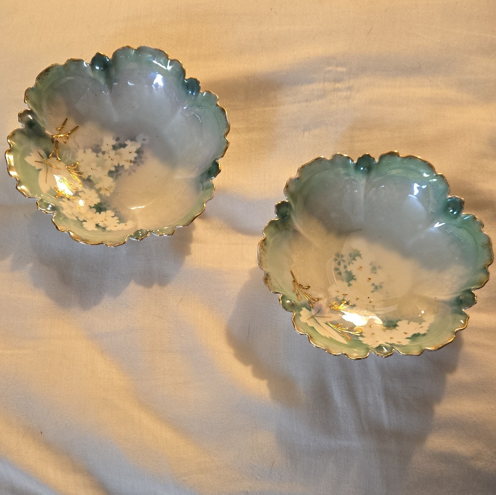 RS Prussia Hand Painted Floral Porcelain Bowls, Scalloped Green White Gold