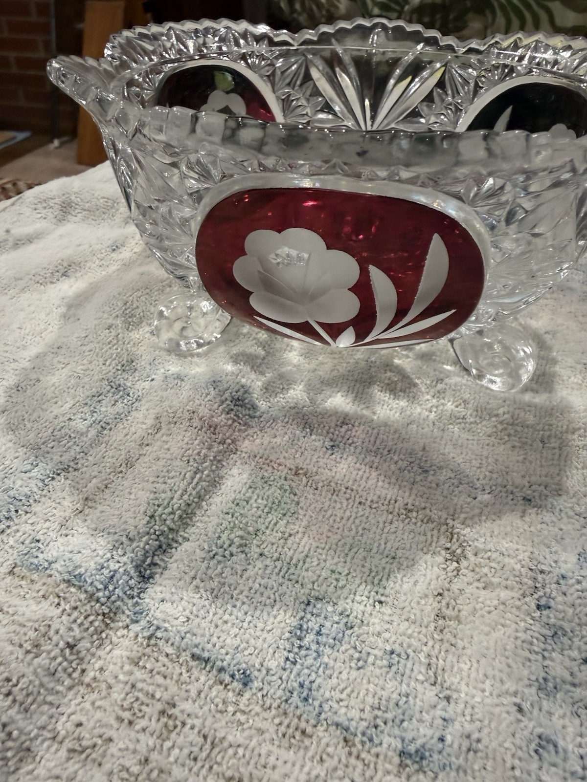 Clear Cut Glass 3-Footed Round Bowl Red Panels White Floral Decorative