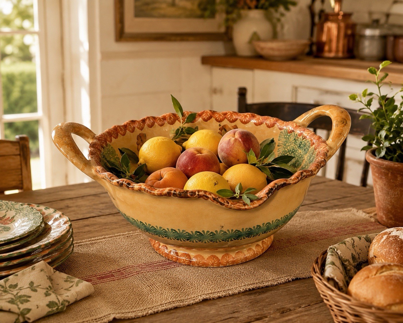 Vintage Italian Hand Painted Majolica Centerpiece Fruit Bowl Double Handle 14”