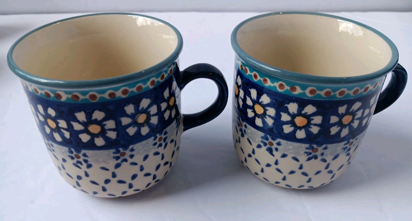 Polish Pottery Tea/Coffee Set, Tray, 2 Mugs/Cups, Creamer, Sugar Bowl W/ Lid