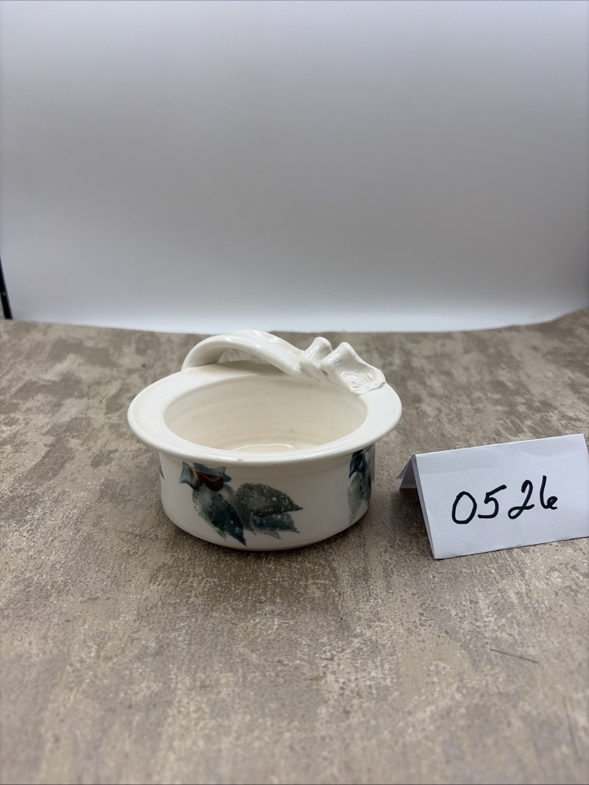 Handmade Studio Art Decor Trinket Dish Top Ribbon Design With Green & Blue Leaf