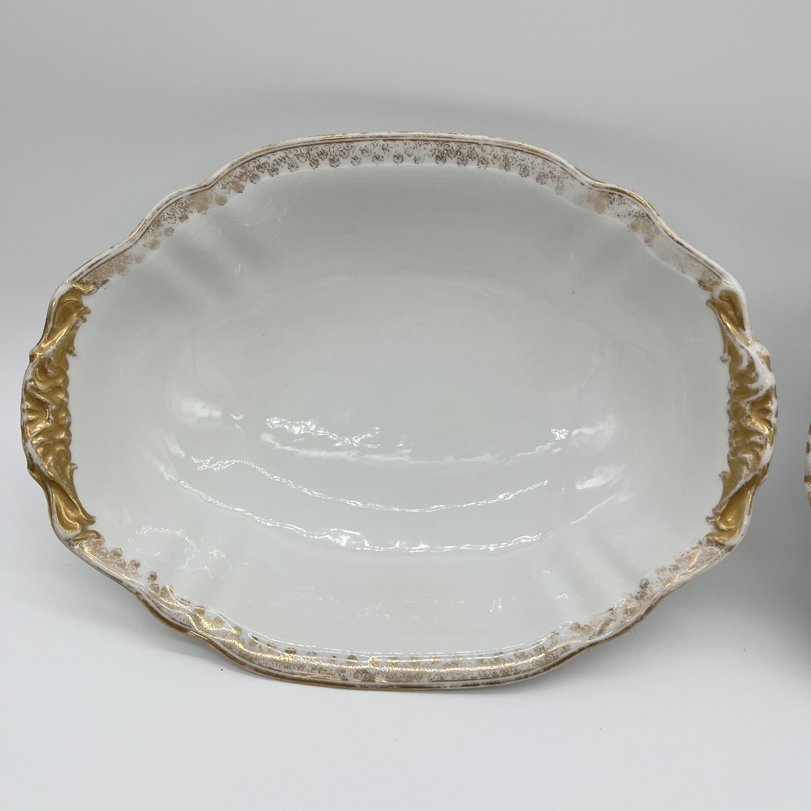 TWO Gorgeous White with Gold Trim T&V France Oval Serving Bowls 10” x 7.75”
