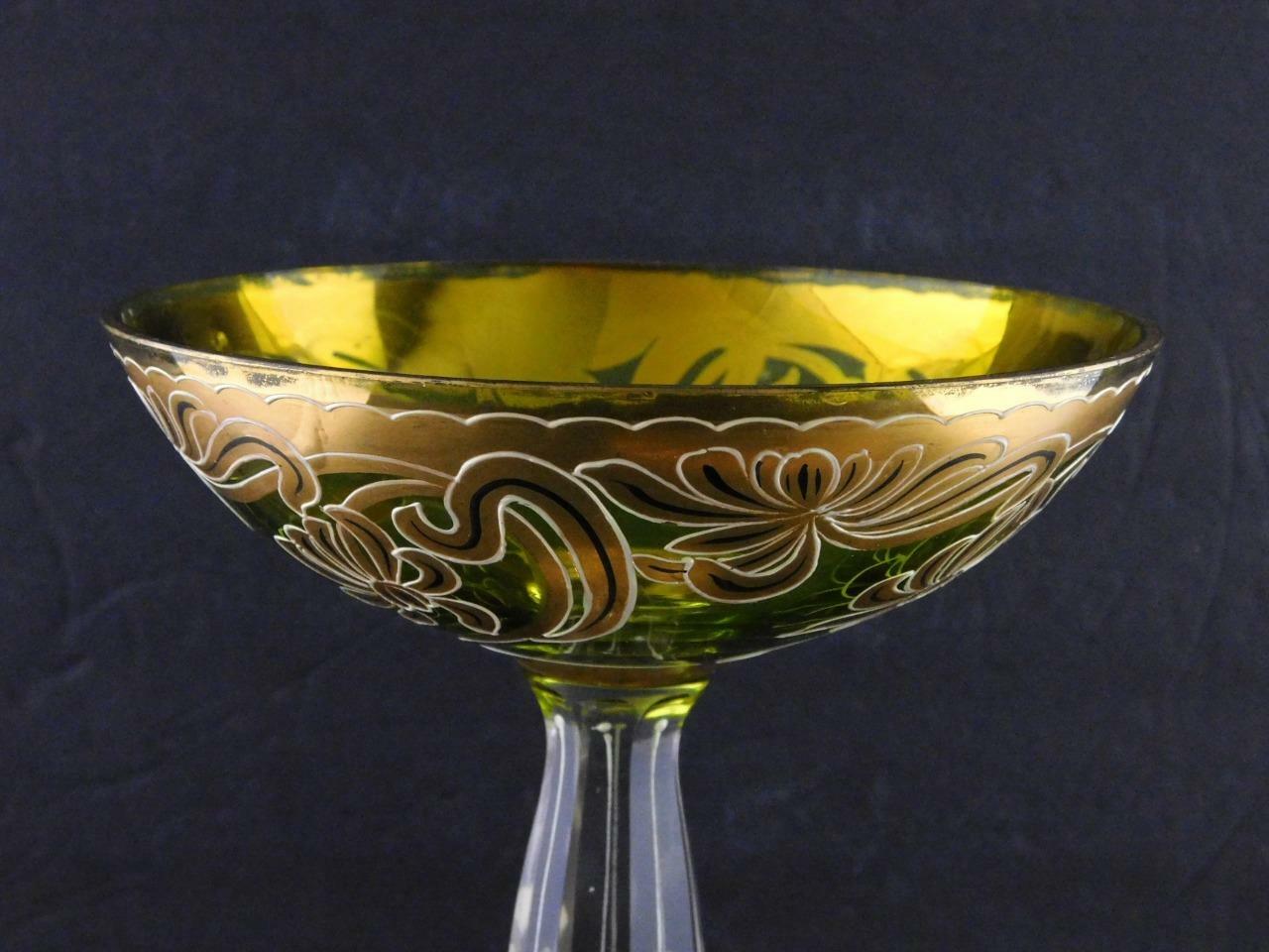 Art Glass Tall Stem Compote Dish Nouveau Floral Gold Green Clear X Mark