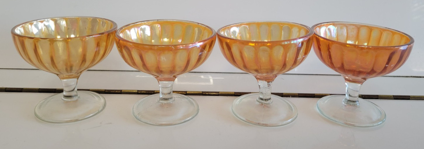 4 PEACH OPASLESCENT CARNIVAL GLASS SHERBETS DESSERT BOWLS 3.25 INCH HOLDS 4 OZS