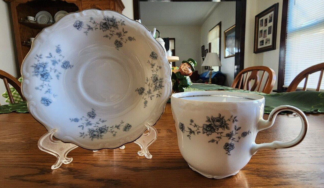 Blue Garland Cup Saucer Set Johann Haviland Porcelain White Blue Platinum !