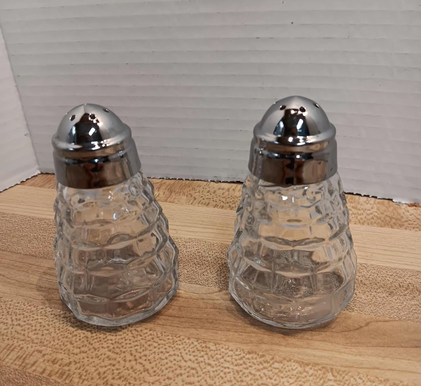 Vtg American Fostoria Cubist Clear Glass Salt Pepper Shakers 3.5in 1.75in