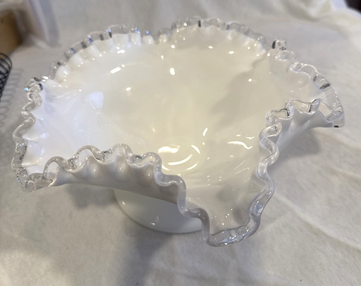 8″ White Glass With Clear Ruffled Edge Bowl